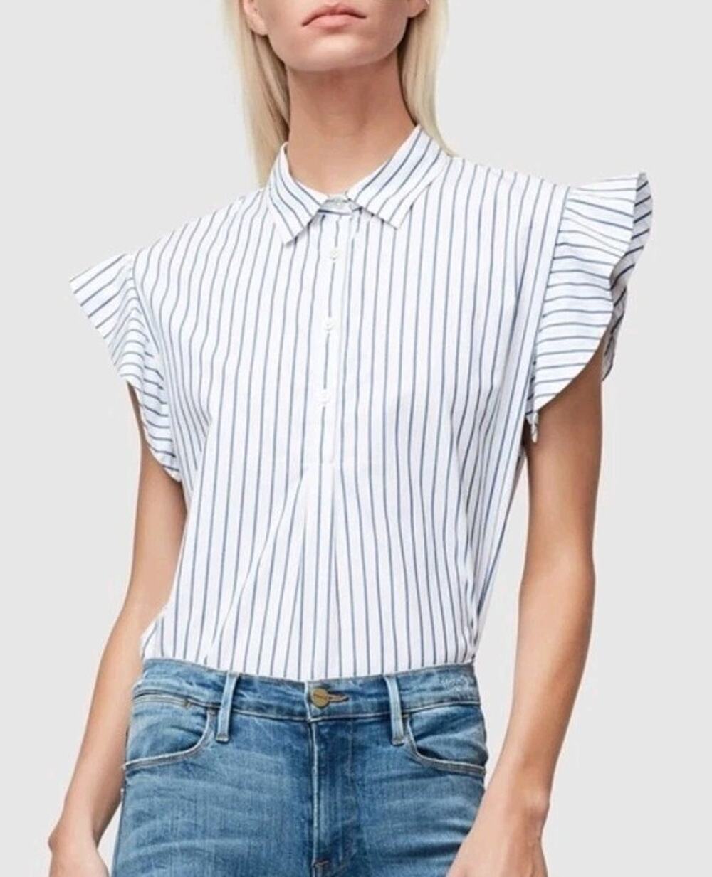 Frame Denim White and Navy Striped Flutter Sleeve Blouse